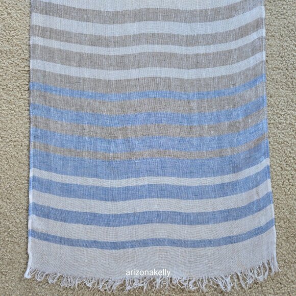 Linen Scarf Stripe Made in Italy Blue White Grey - Picture 2 of 11